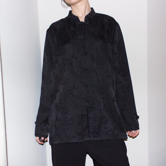vintage 90s black silk asian mandarin collar frog closure tunic shirt blouse top - Picture 2 of 9